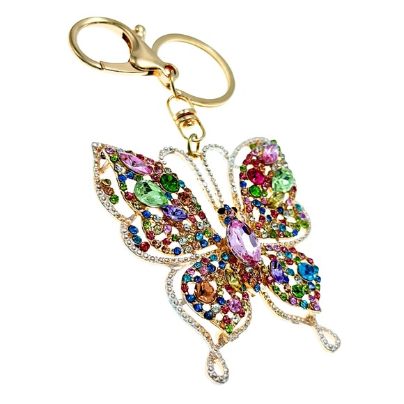 Intricate Pastel Butterfly Keychain Rhinestones & Gift Bag, Purse Jewelry, 5"L - Picture 3 of 5